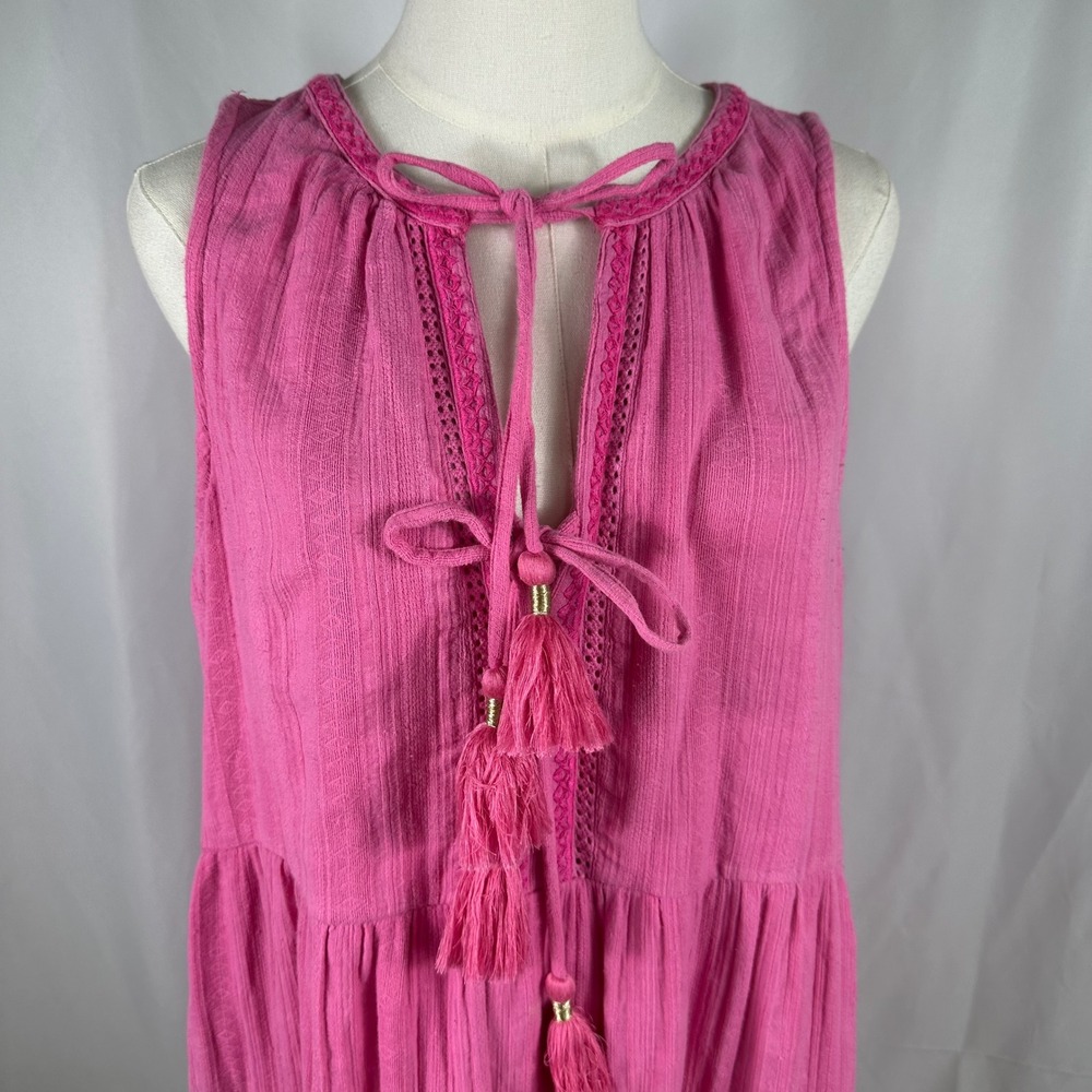 Tommy Bahama Pink Cotton Double Gauze Tiered Dress Womens L Tassel Pockets Mini - Picture 2 of 9